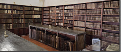 A long table with books on it