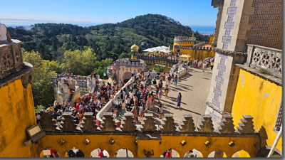 A group of people walking down a walkway